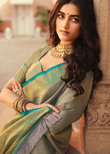 Pale Oyster Grey and Blue Zari Woven Kanjivaram Saree
