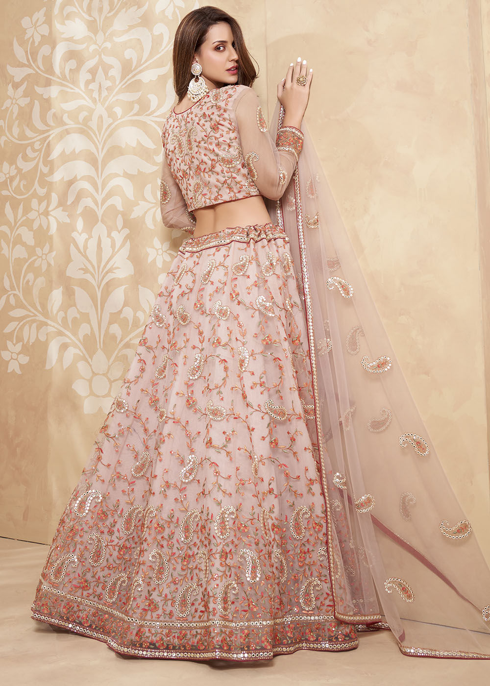 MySilkLove Cavern Pink Designer Net Lehenga with Multi Thread Embroidery Work