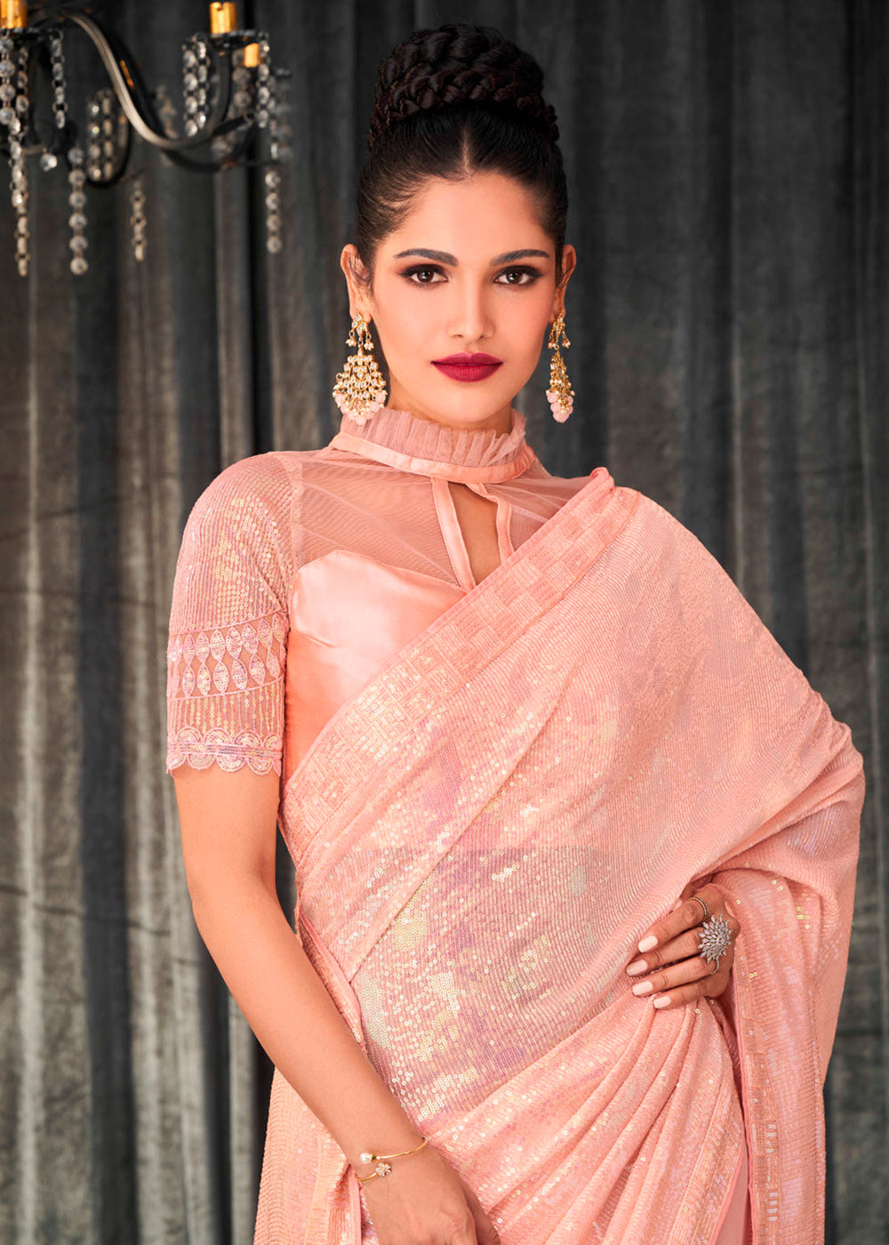 MySilkLove Apricot Pink Sequins Embroidered Designer Georgette Saree