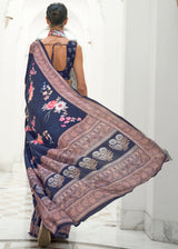 Bright Blue Kalamkari Printed Crepe Saree