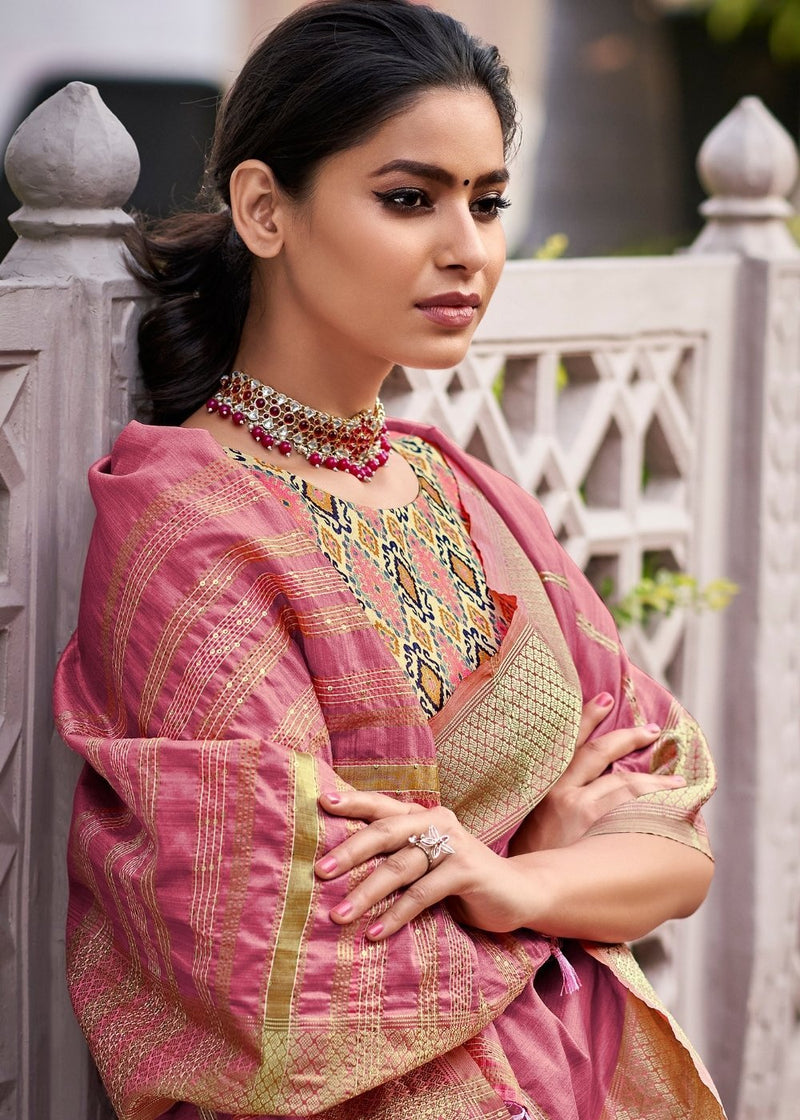 Cinnamon Satin Pink Zari Woven South Silk Saree
