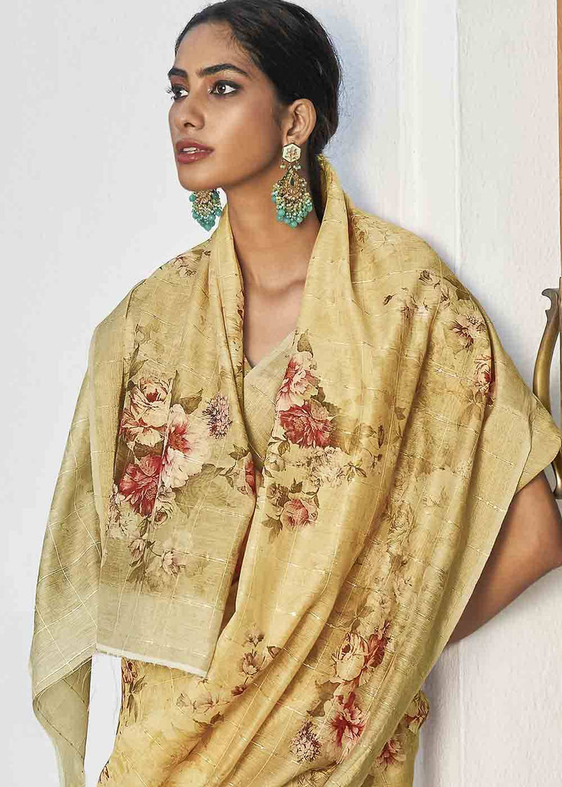 Buttermilk Yellow Digital Floral Printed Saree