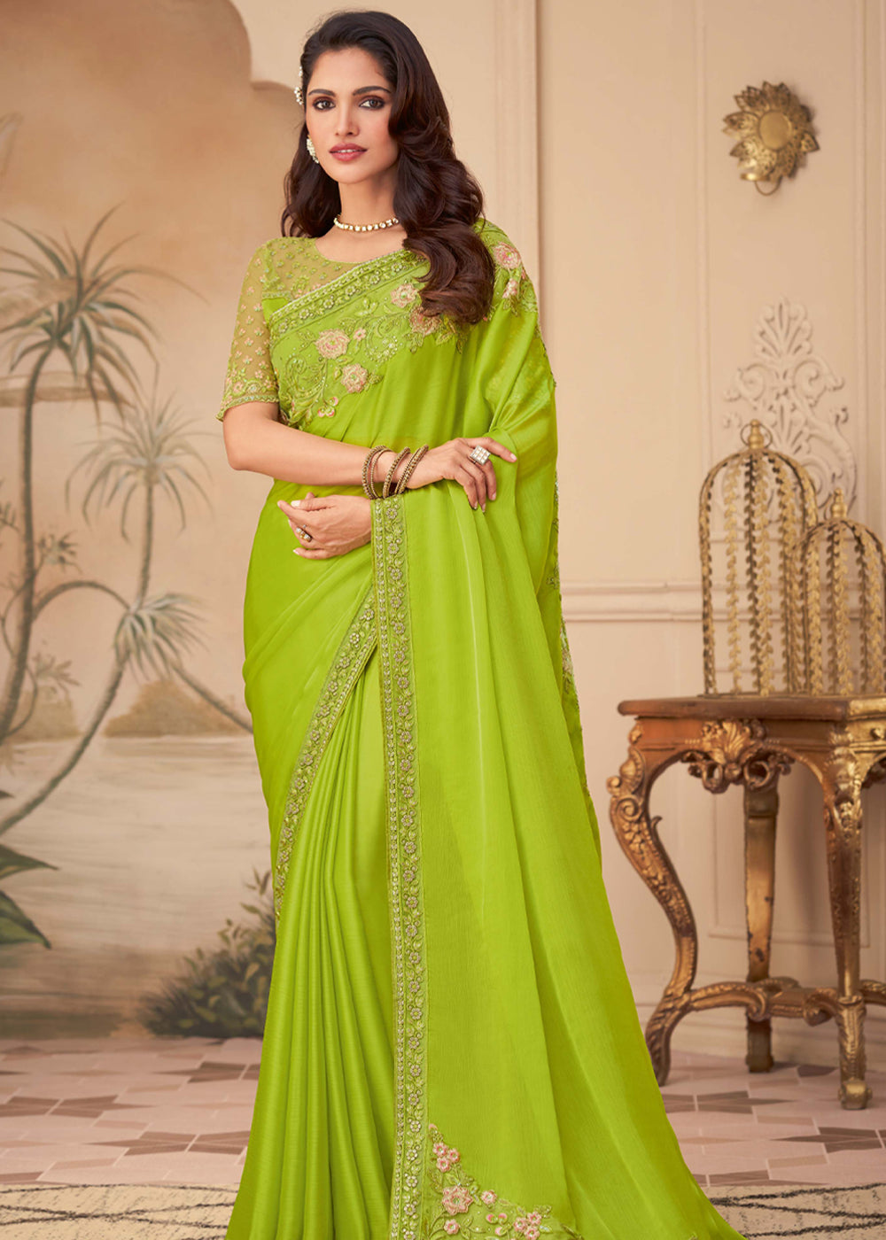 Buy MySilkLove Pistachio Green Georgette Designer Saree with Embroidered Blouse Online