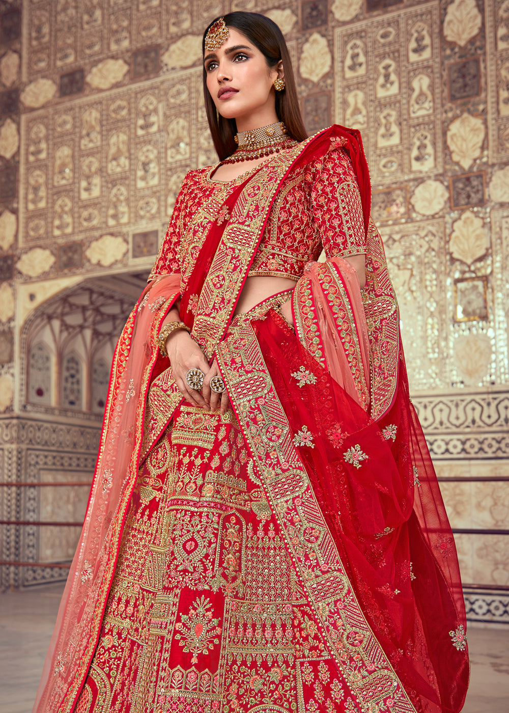 MySilkLove Thunderbird Red Heavy Embroidered Designer Lehenga