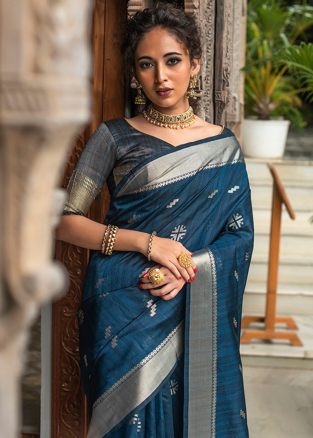 Buy MySilkLove Elephant Blue Zari Woven Tussar Silk Saree Online