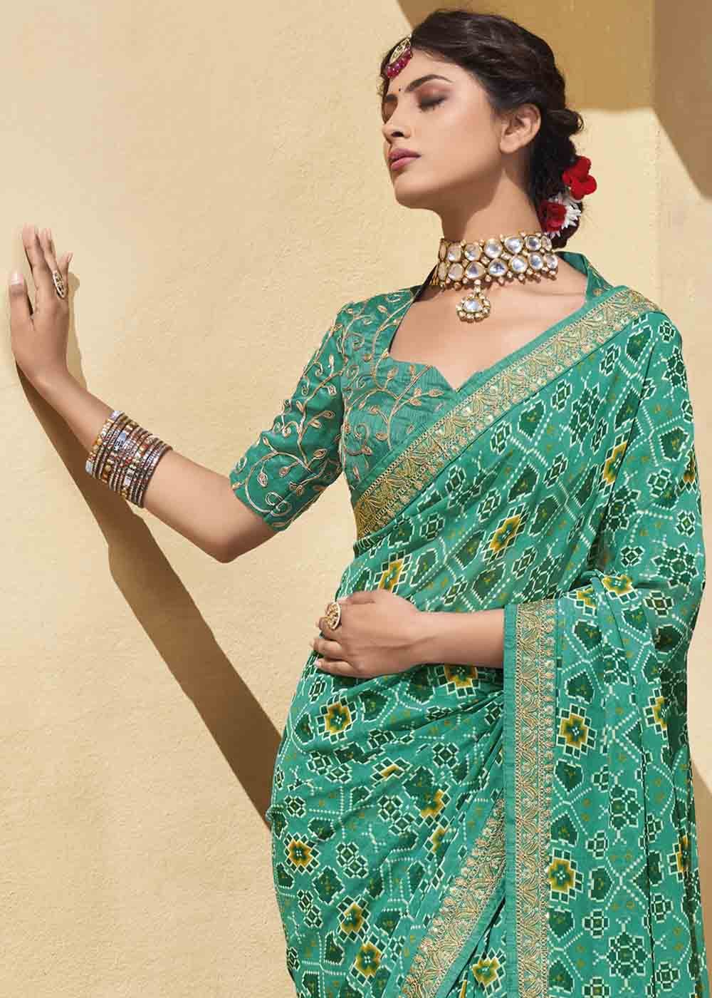 Buy MySilkLove Jet Stream Green Patola Print Georgette Saree With Embroidered Blouse Online