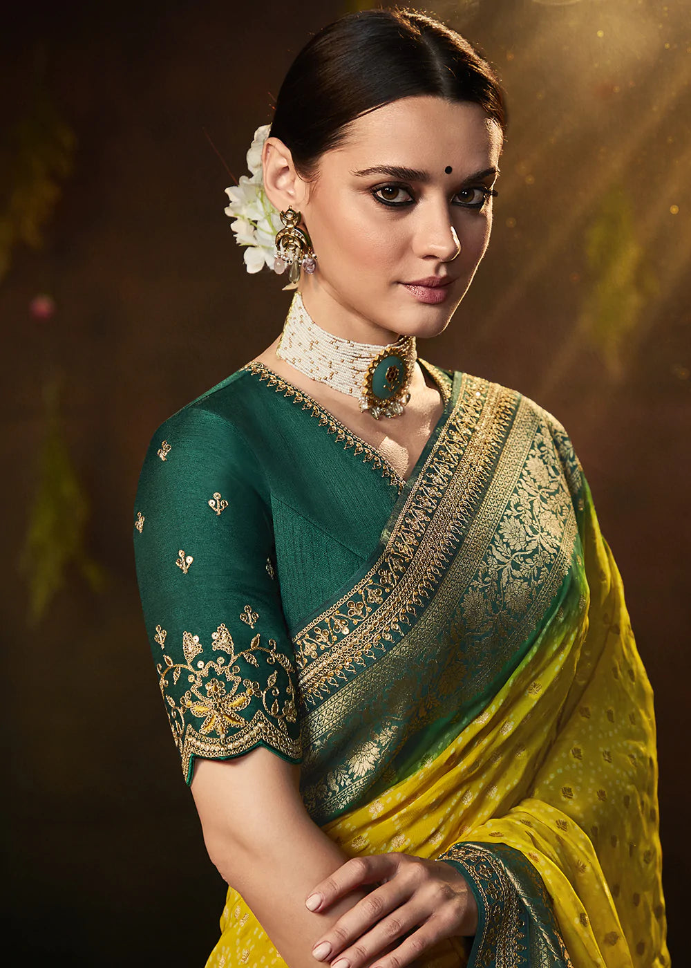 MySilkLove Yellow and Green Handloom Georgette Saree with Embroidered Blouse