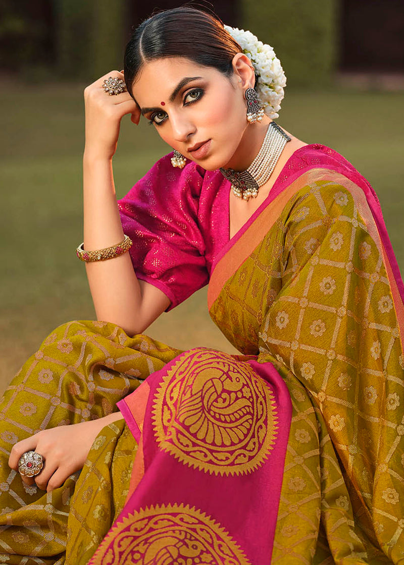 Marigold Green and Pink Soft Brasso Silk Saree