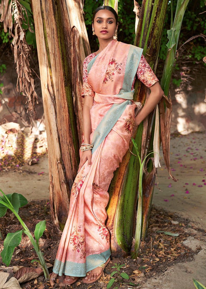 Melon Pink Banarasi Jacquard Printed Saree