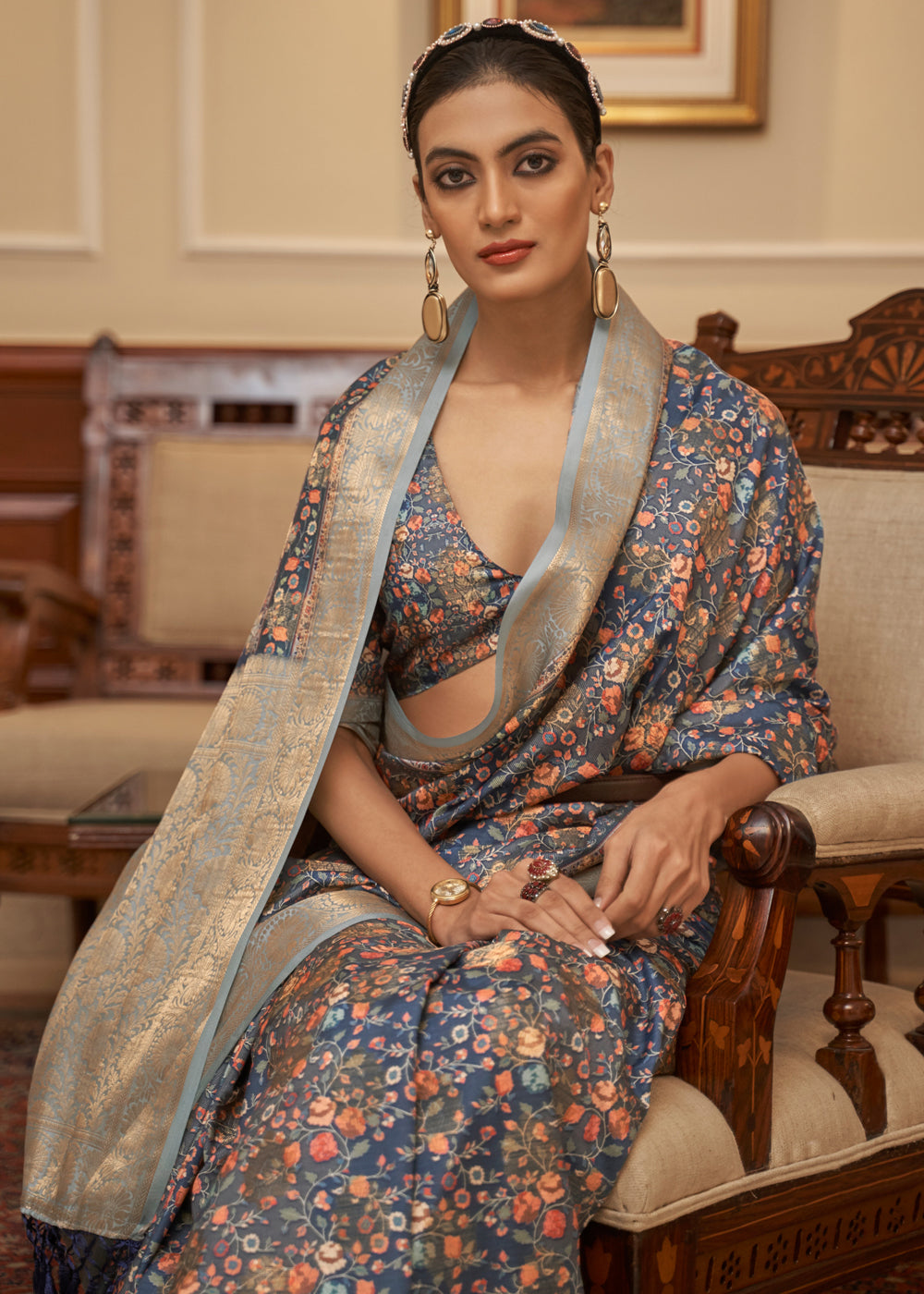 MySilkLove Salt Box Grey Banarasi Digital Printed Saree