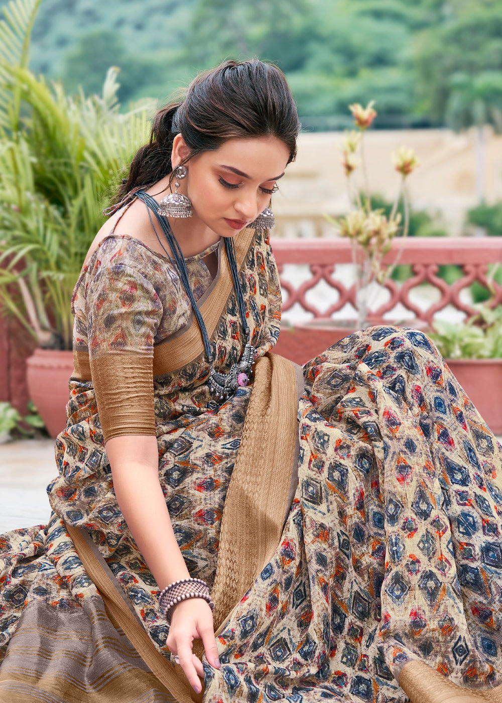 Buy MySilkLove Dirt Brown Banarasi Printed Saree Online