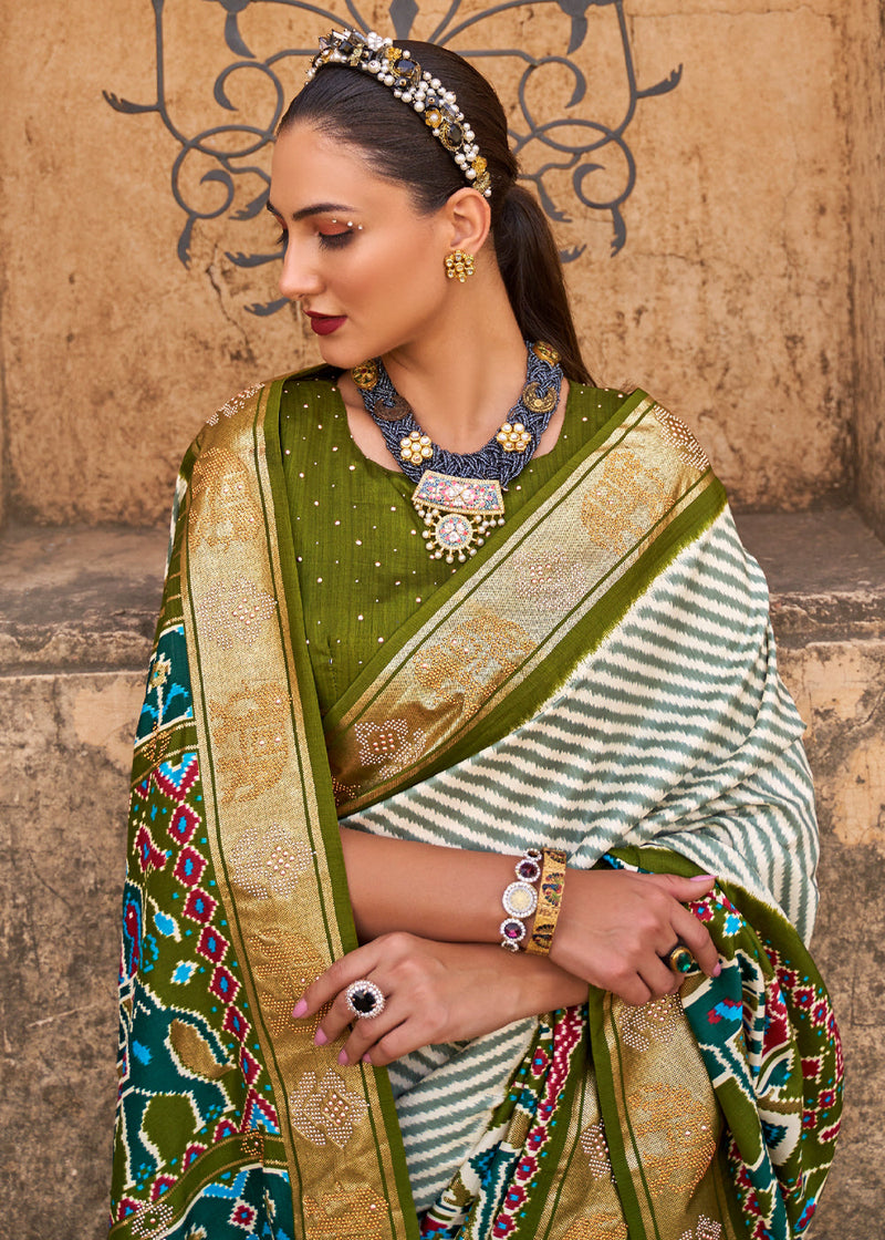 West Coast White and Green Zari Woven Patola Saree