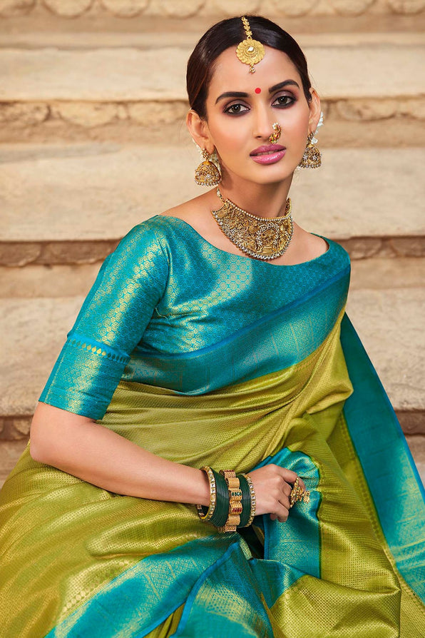 Buy MySilkLove Lemon Ginger Green and Blue Zari Woven Kanjivaram Saree Online