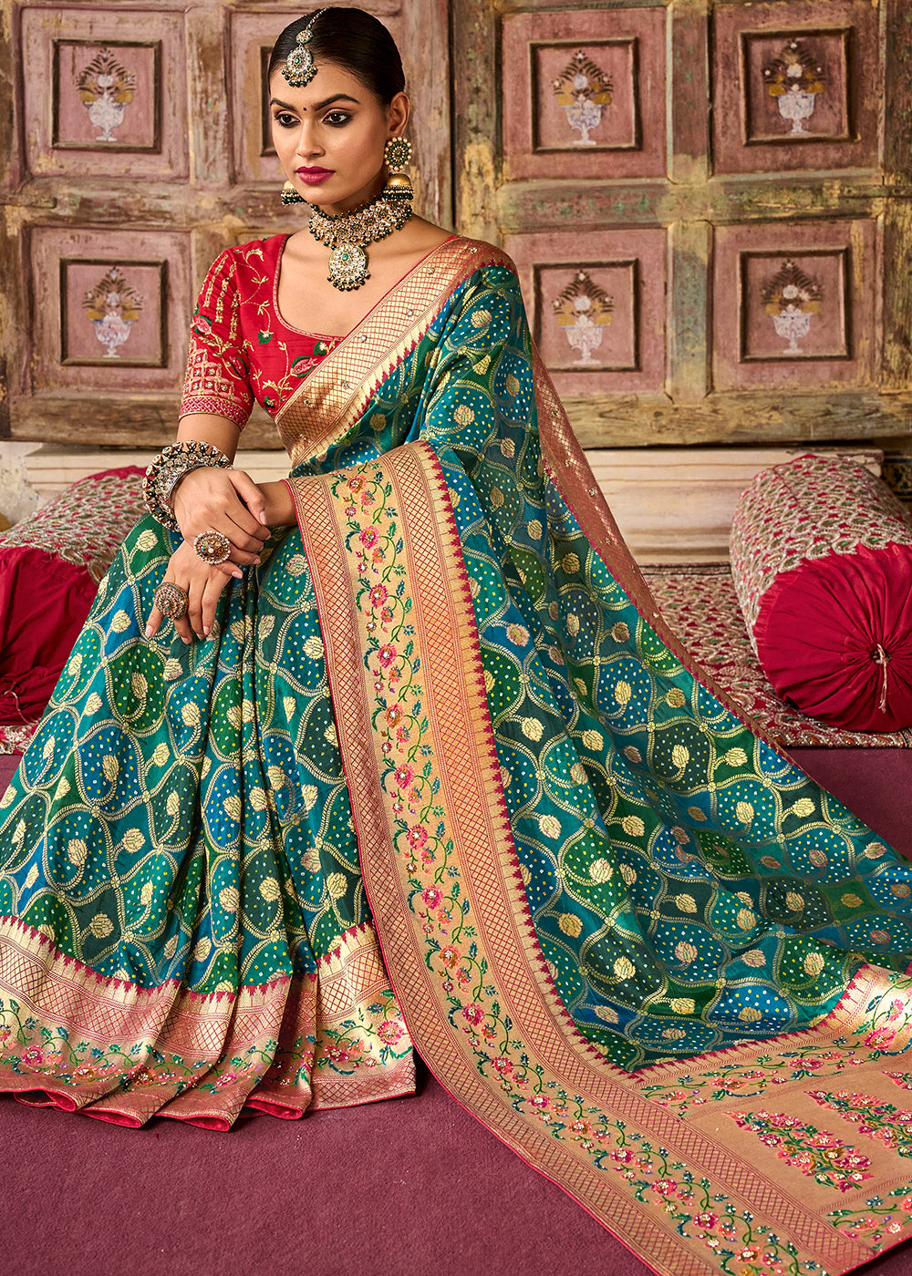 Buy MySilkLove Stromboli Green and Red Patola Printed Dola Silk Saree With Embroidered Blouse Online