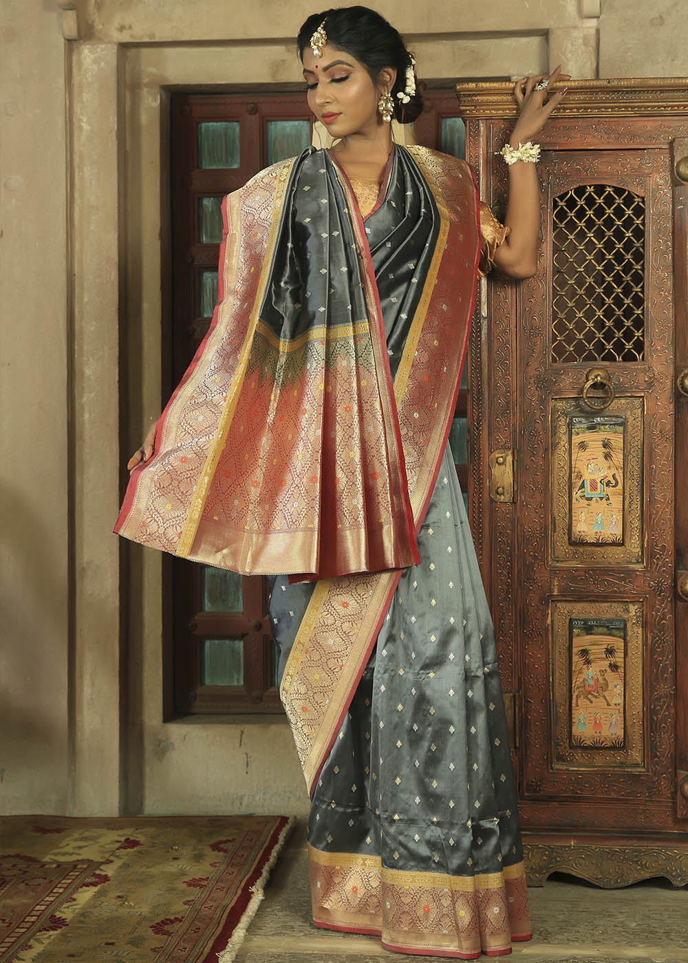 Buy MySilkLove Pewter Grey and Red Katan Pure Silk Handwoven Saree Online