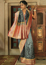 Pewter Grey and Red Katan Pure Silk Handwoven Saree