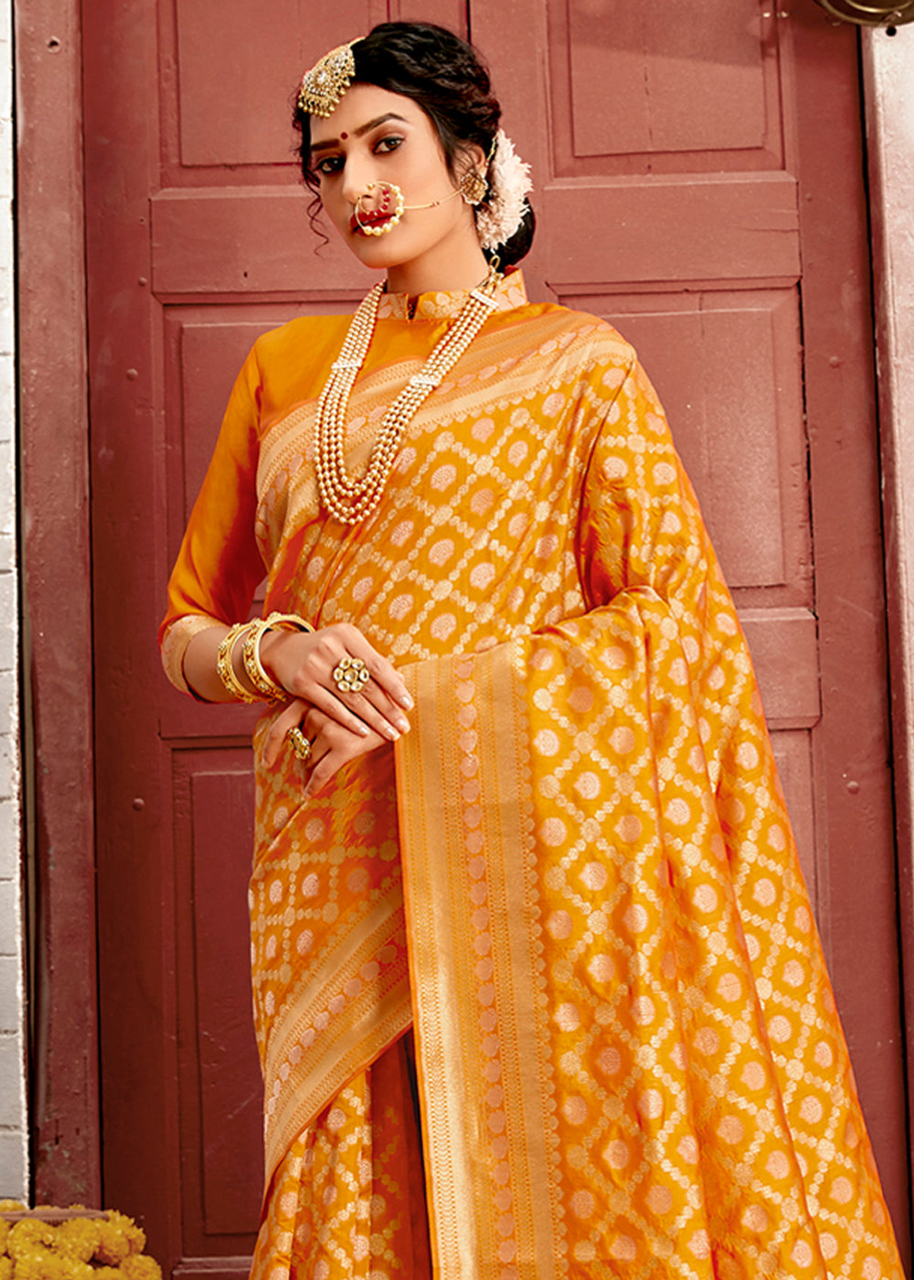 Buy MySilkLove Fire Bush Orange Zari Woven Banarasi Saree with Overall Jaal Online