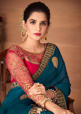Midnight Blue and Red Designer Saree with Embroidered Blouse