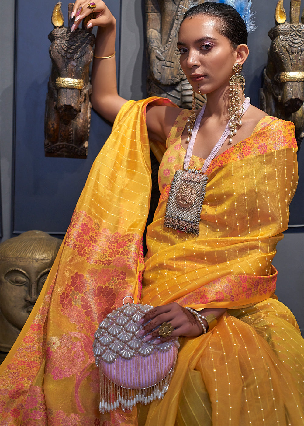 Buy MySilkLove Goldenrod Yellow Woven Dual Tone Organza Banarasi Silk Saree Online