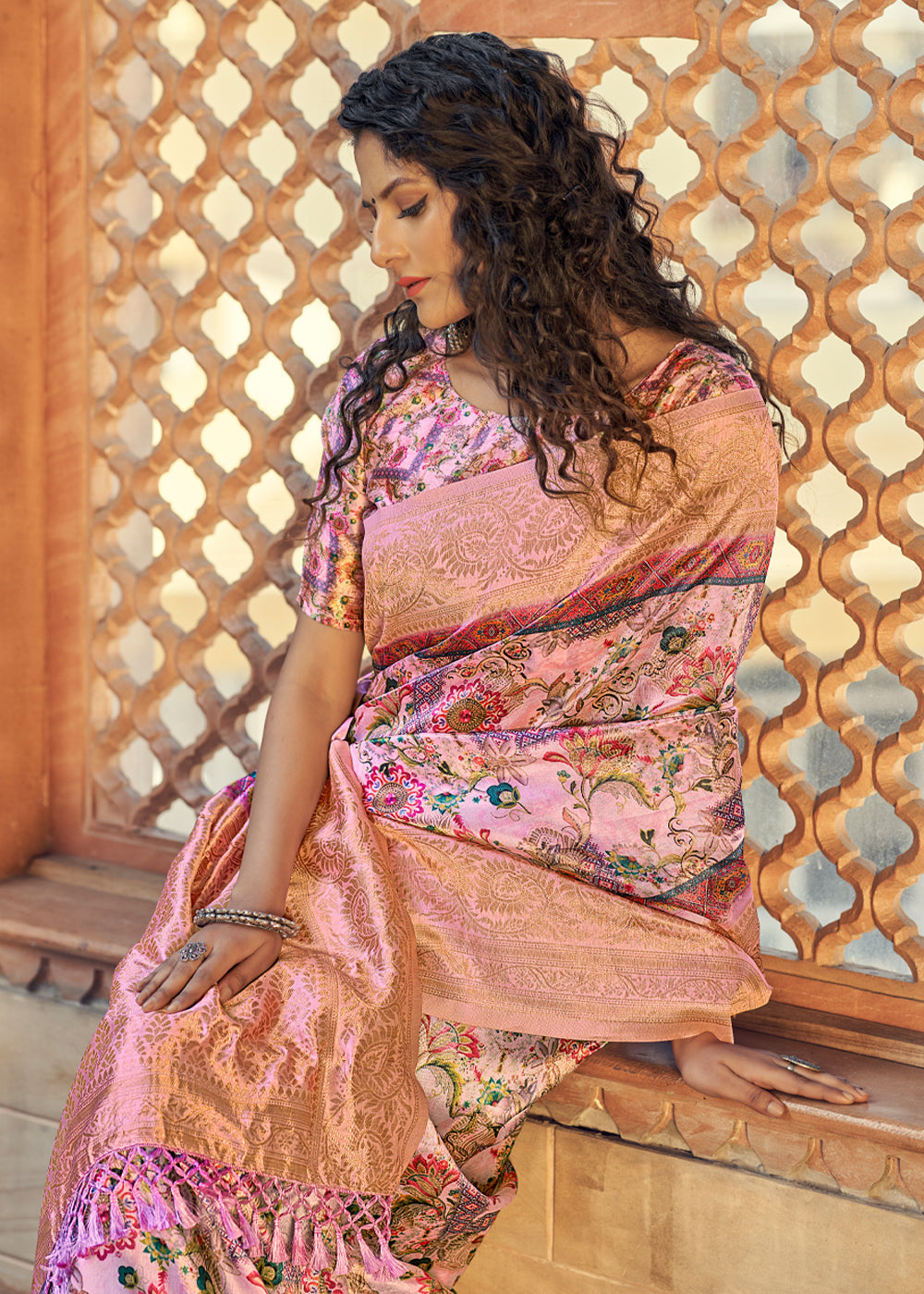 MySilkLove Shimmering Pink Digital Printed Jacquard Silk Saree