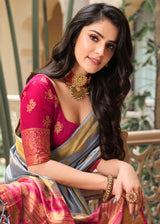 Star Dust Grey Woven Banarasi Raw Silk Saree