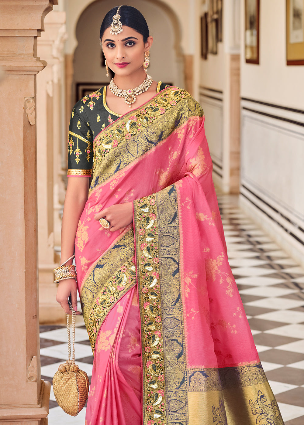 Buy MySilkLove Candy Pink and Grey Zari Woven Designer Banarasi Saree Online
