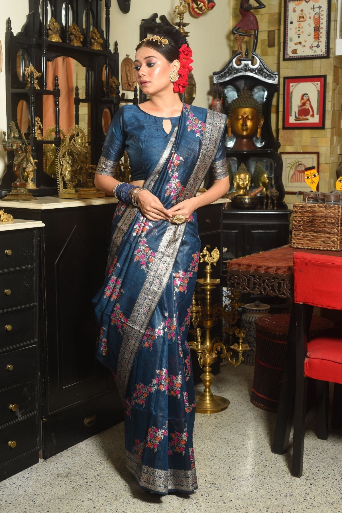 Buy MySilkLove Kashmir Blue Woven Handloom Tussar Silk Saree Online