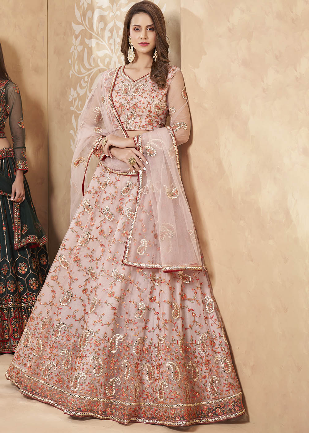 Buy MySilkLove Cavern Pink Designer Net Lehenga with Multi Thread Embroidery Work Online