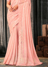 Apricot Pink Sequins Embroidered Designer Georgette Saree