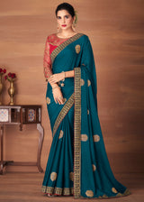 Midnight Blue and Red Designer Saree with Embroidered Blouse