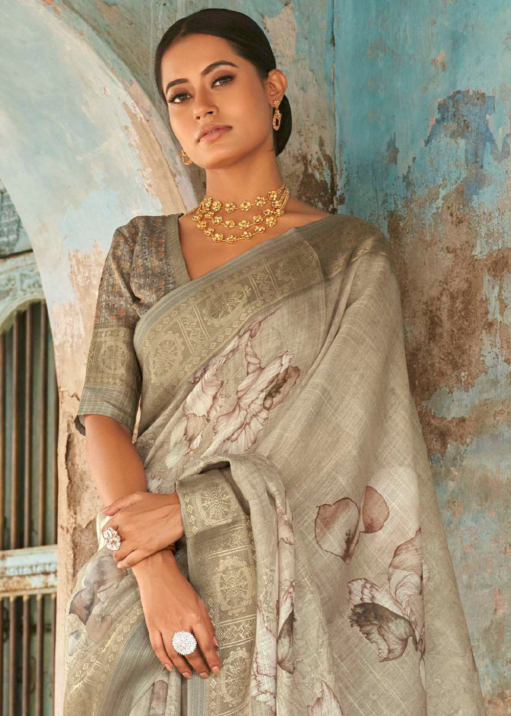 Buy MySilkLove Mongoose Light Grey Floral Printed Linen Silk Saree Online