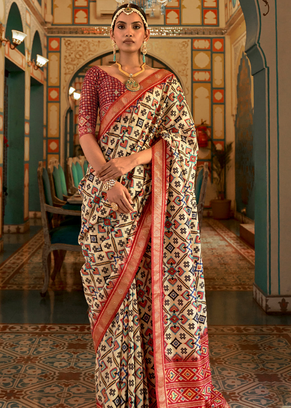 Buy MySilkLove Mojo Beige and Red Woven Patola Silk Saree Online