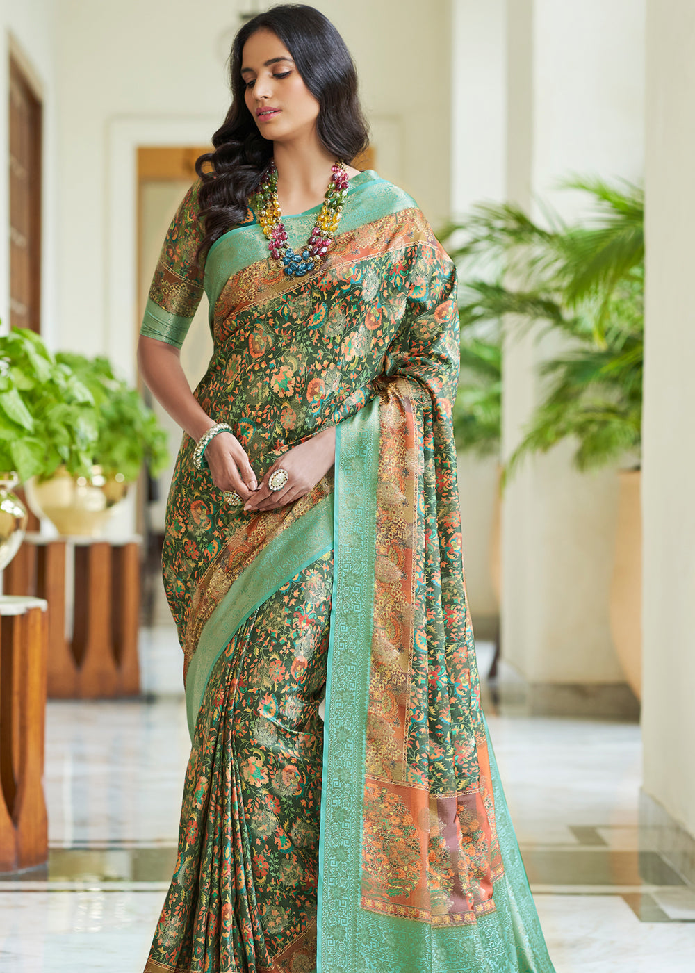 Buy MySilkLove Ben Green Banarasi Saree with Jamewar Print Online