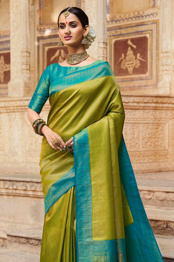 MySilkLove Lemon Ginger Green and Blue Zari Woven Kanjivaram Saree