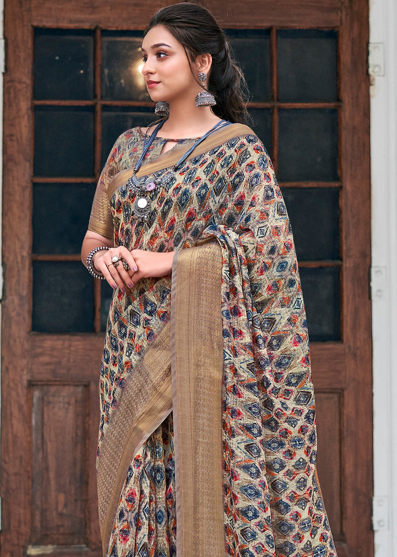Dirt Brown Banarasi Printed Saree