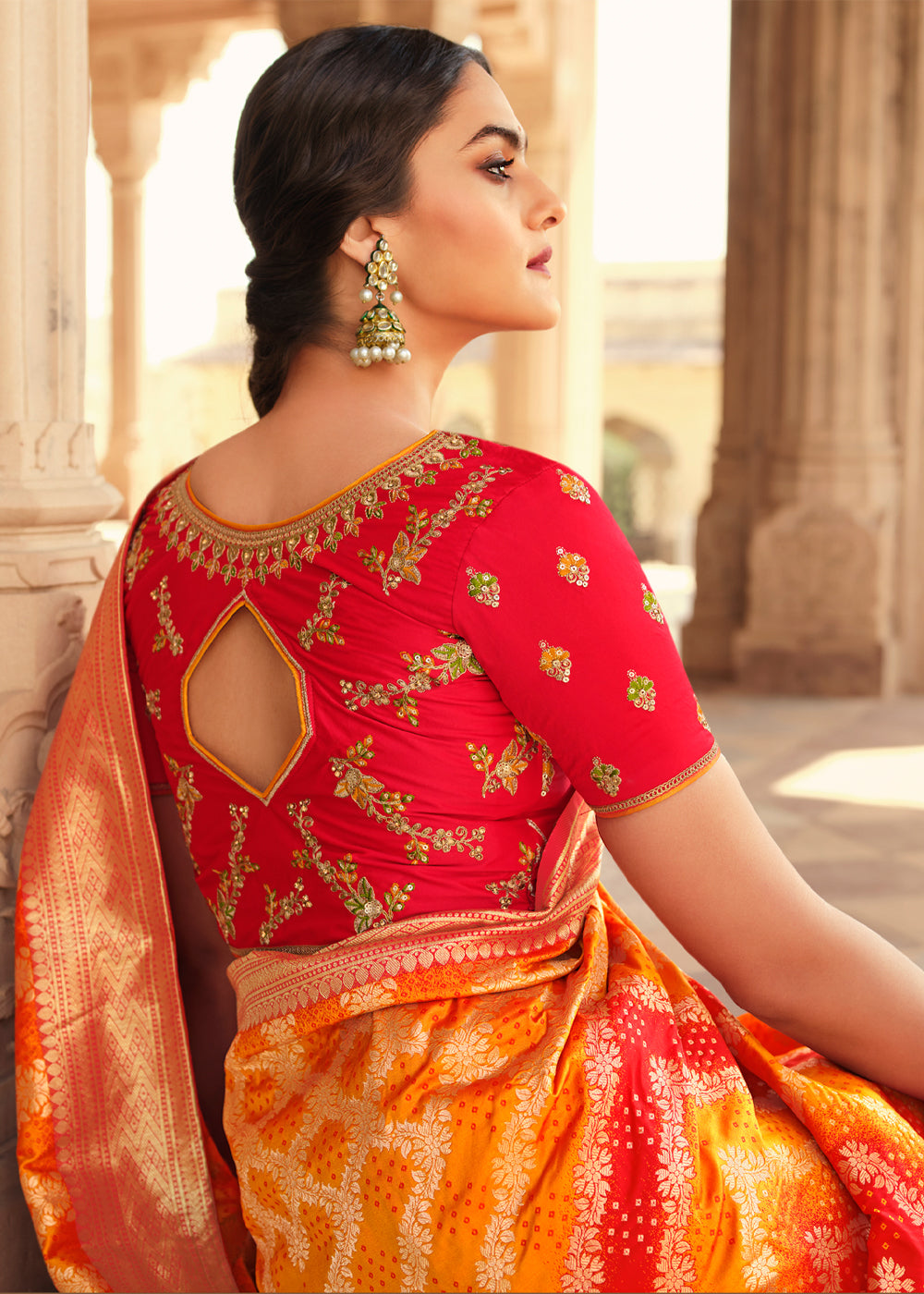 Buy MySilkLove Texas Orange and Red Zari Woven Banarasi Saree with Designer Blouse Online