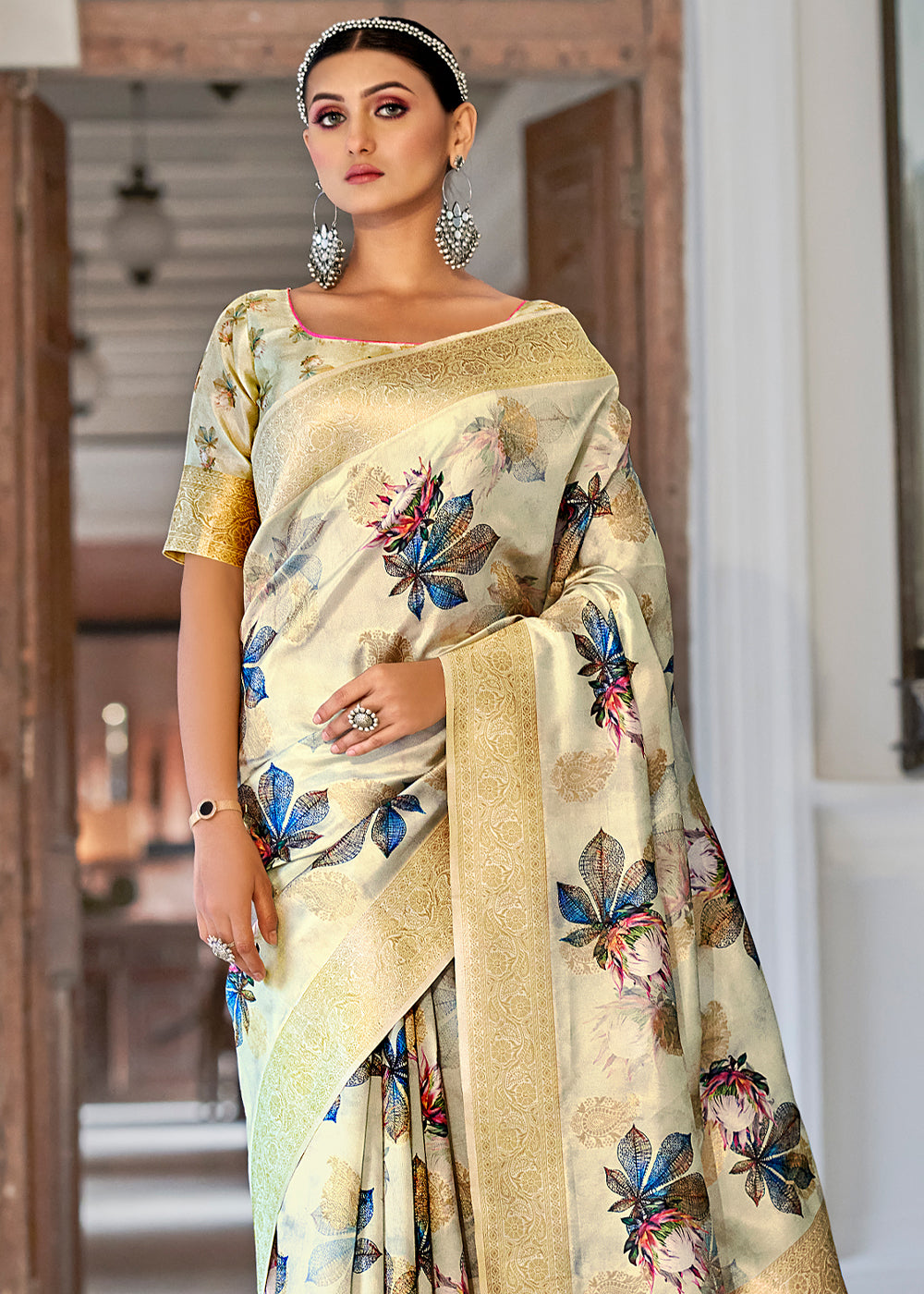 Buy MySilkLove Mint Julep Cream Digital Printed Banarasi Saree Online