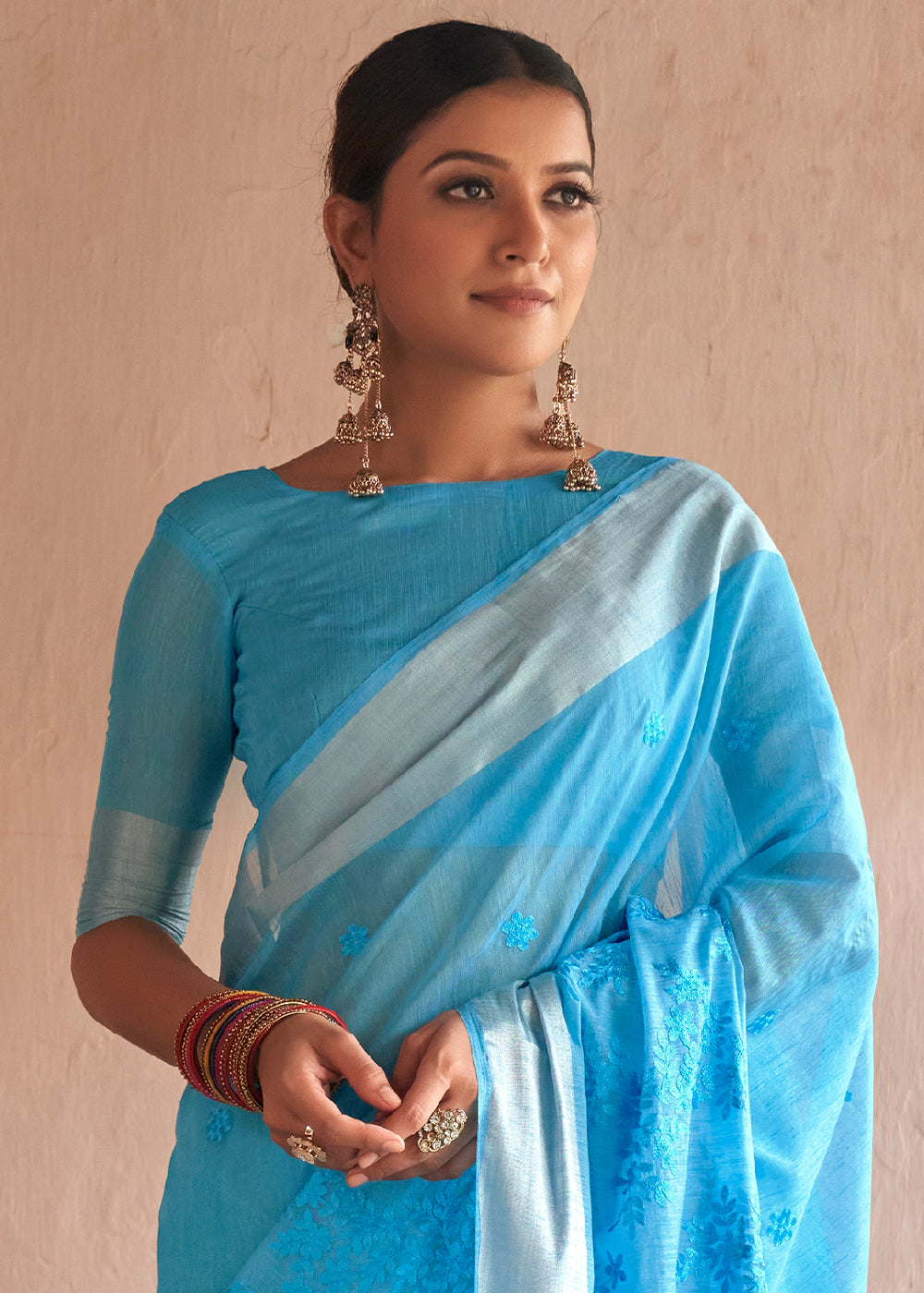 Buy MySilkLove Denim Blue Floral Embroidered Linen Saree Online