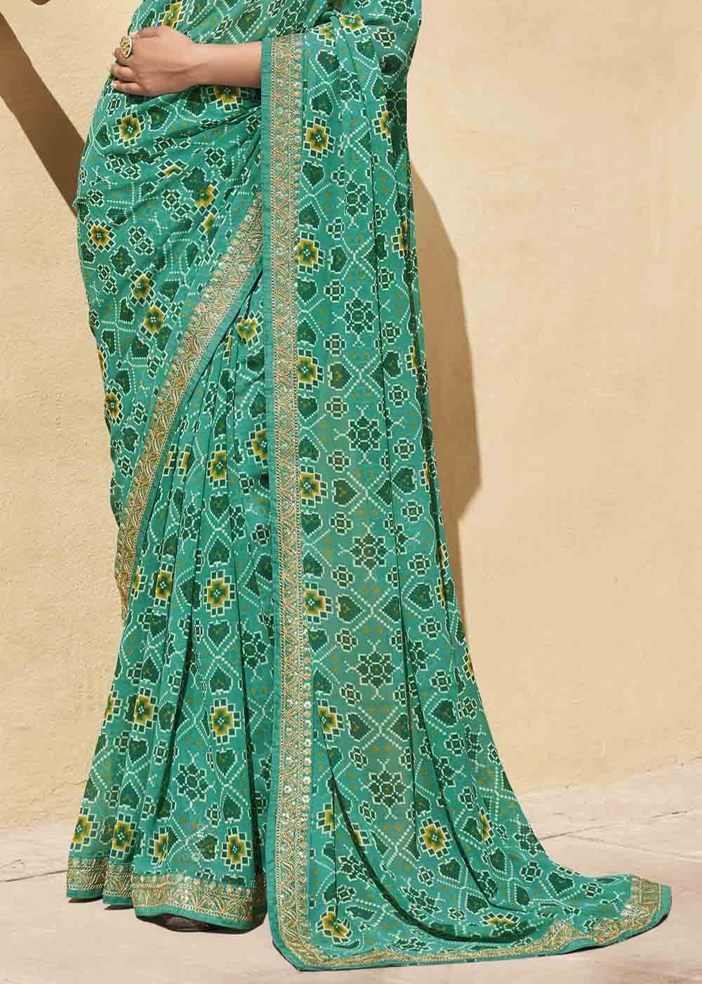 Buy MySilkLove Jet Stream Green Patola Print Georgette Saree With Embroidered Blouse Online