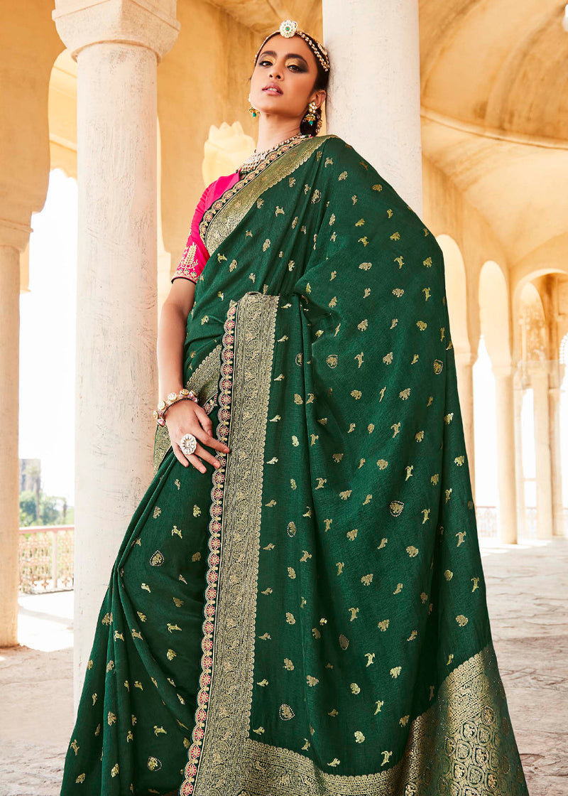 Finlandia Green and Pink Zari Woven Designer Banarasi Saree