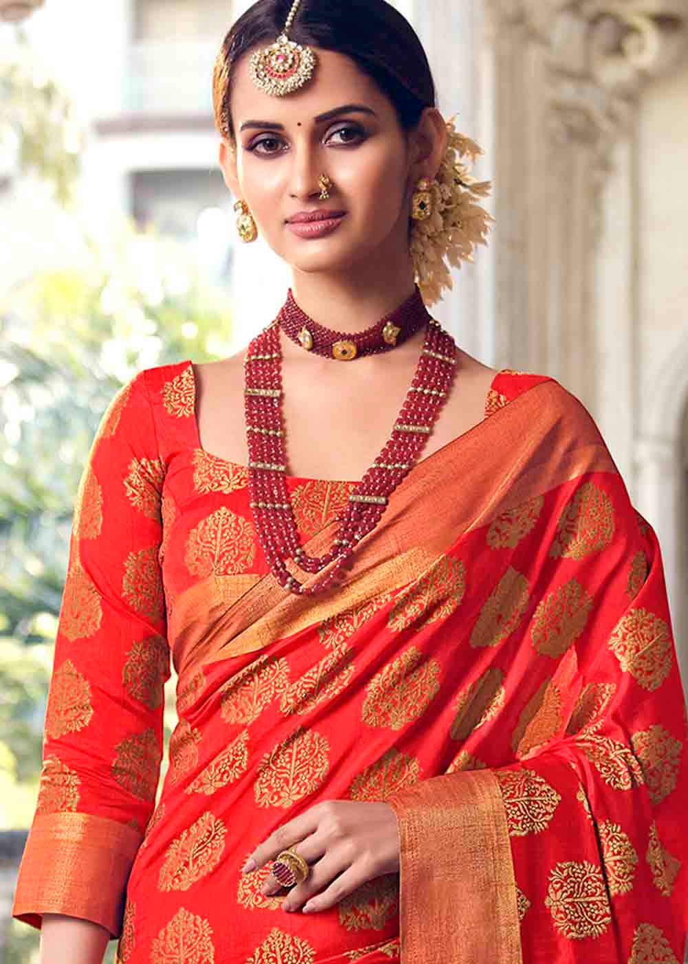 Buy MySilkLove Coral Orange Zari Woven Banarasi Raw Silk Saree Online