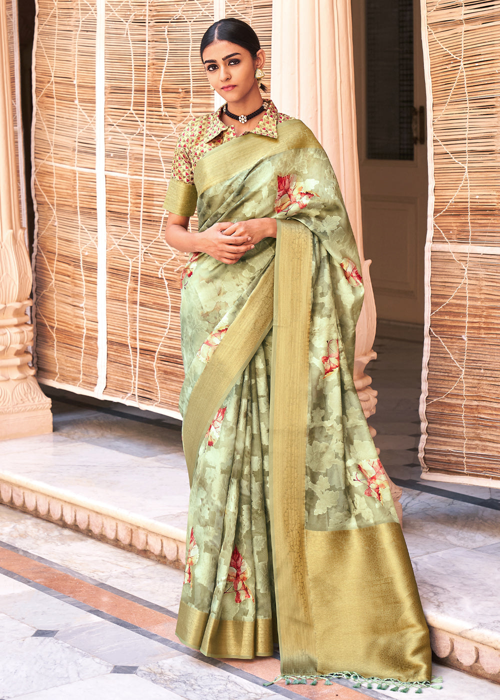 Buy MySilkLove Beryl Green Digital Printed Banarasi Cotton Saree Online