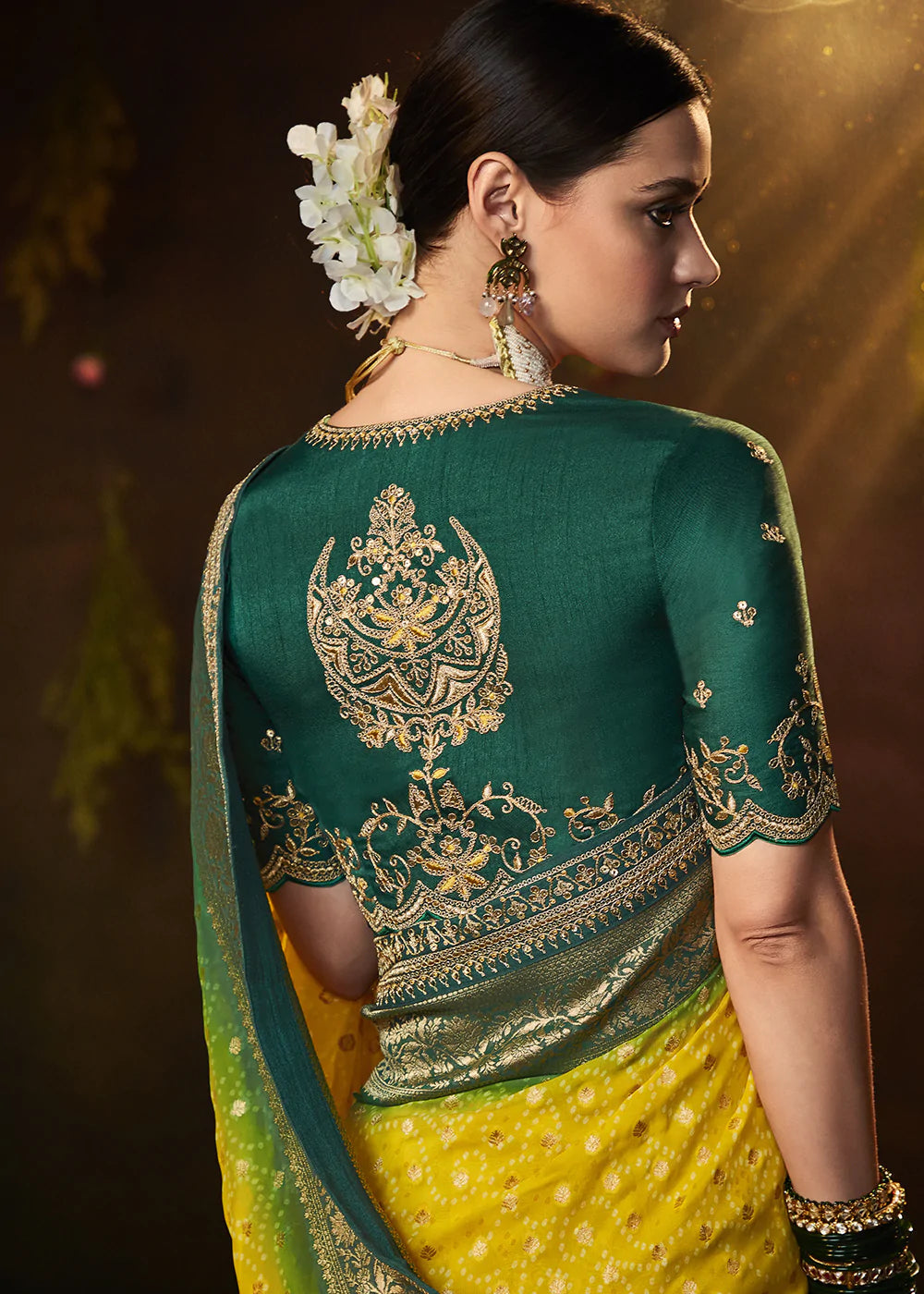 Buy MySilkLove Yellow and Green Handloom Georgette Saree with Embroidered Blouse Online