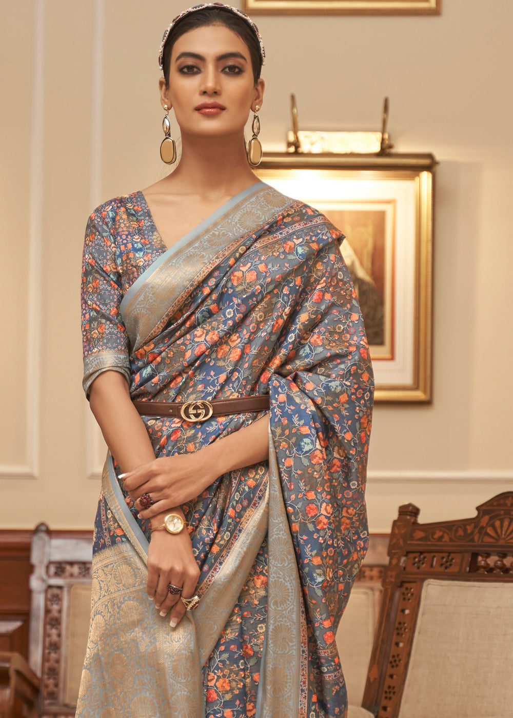 Buy MySilkLove Salt Box Grey Banarasi Digital Printed Saree Online