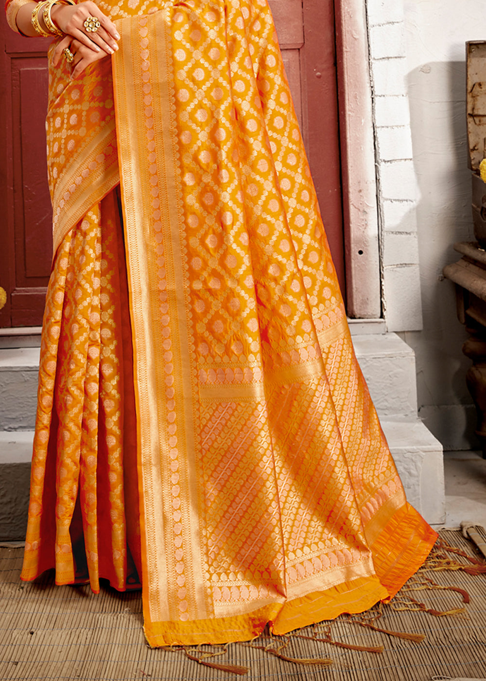 Buy MySilkLove Fire Bush Orange Zari Woven Banarasi Saree with Overall Jaal Online