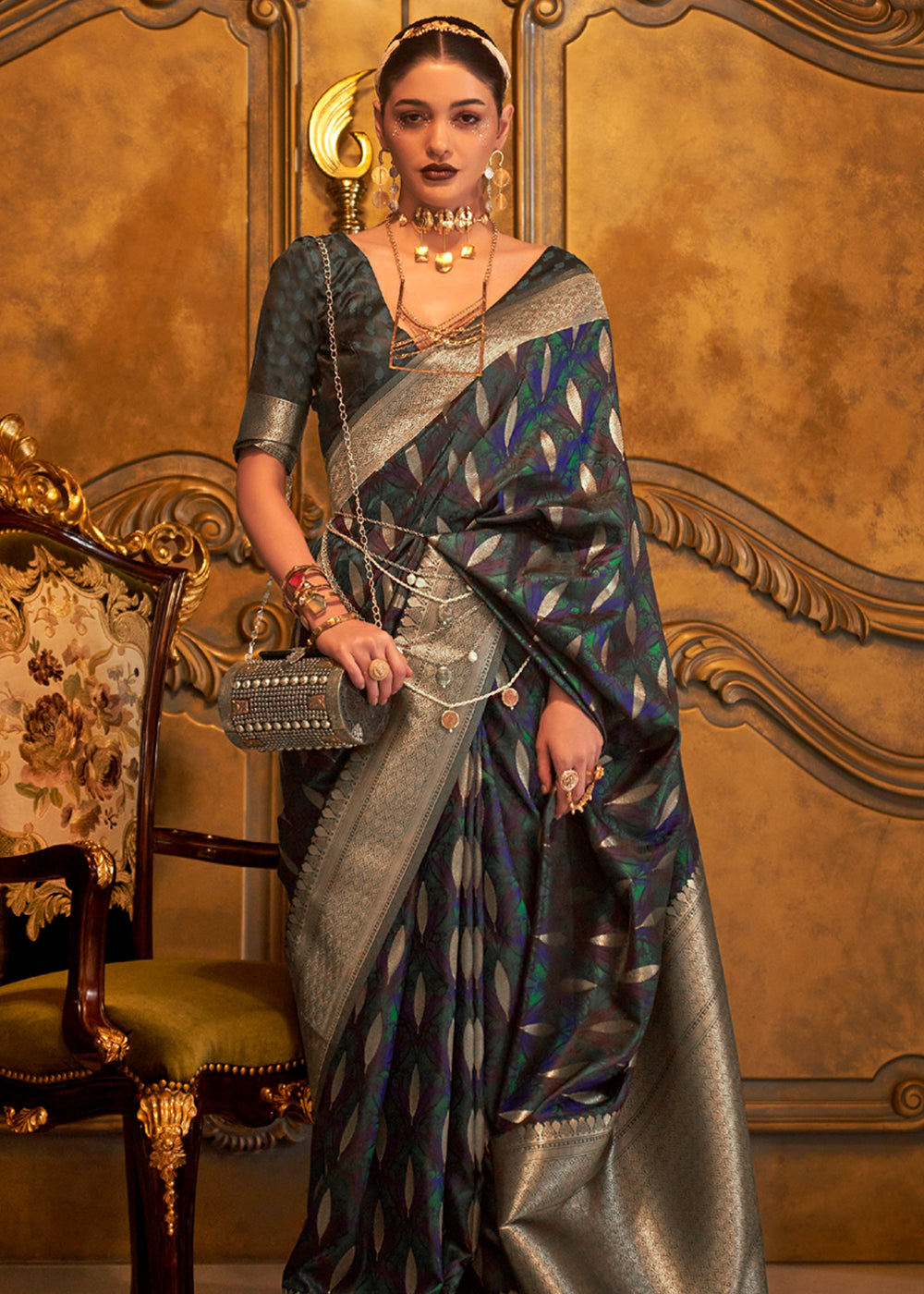 Buy MySilkLove Elm Blue Banarasi Satin Silk Saree Online