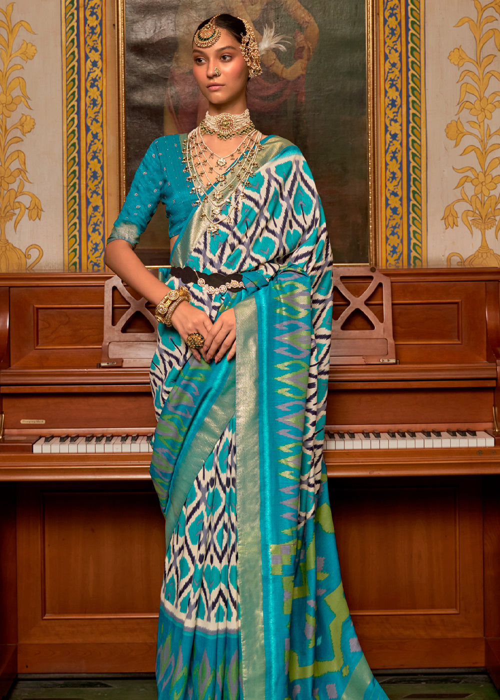 Buy MySilkLove Tradewind White and Blue Patola Silk Saree Online