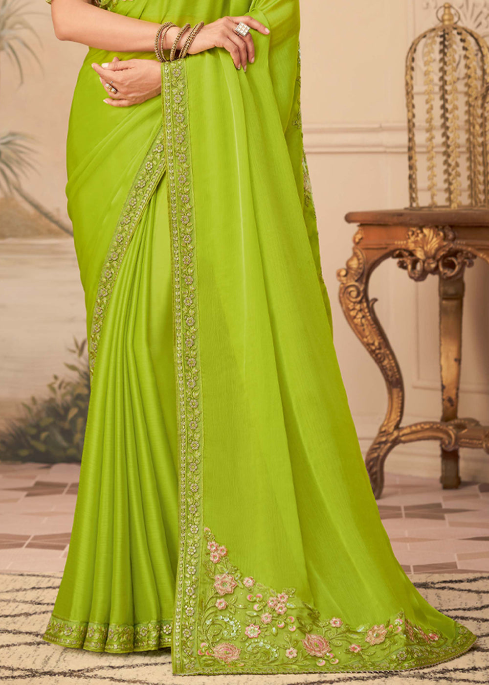 Buy MySilkLove Pistachio Green Georgette Designer Saree with Embroidered Blouse Online