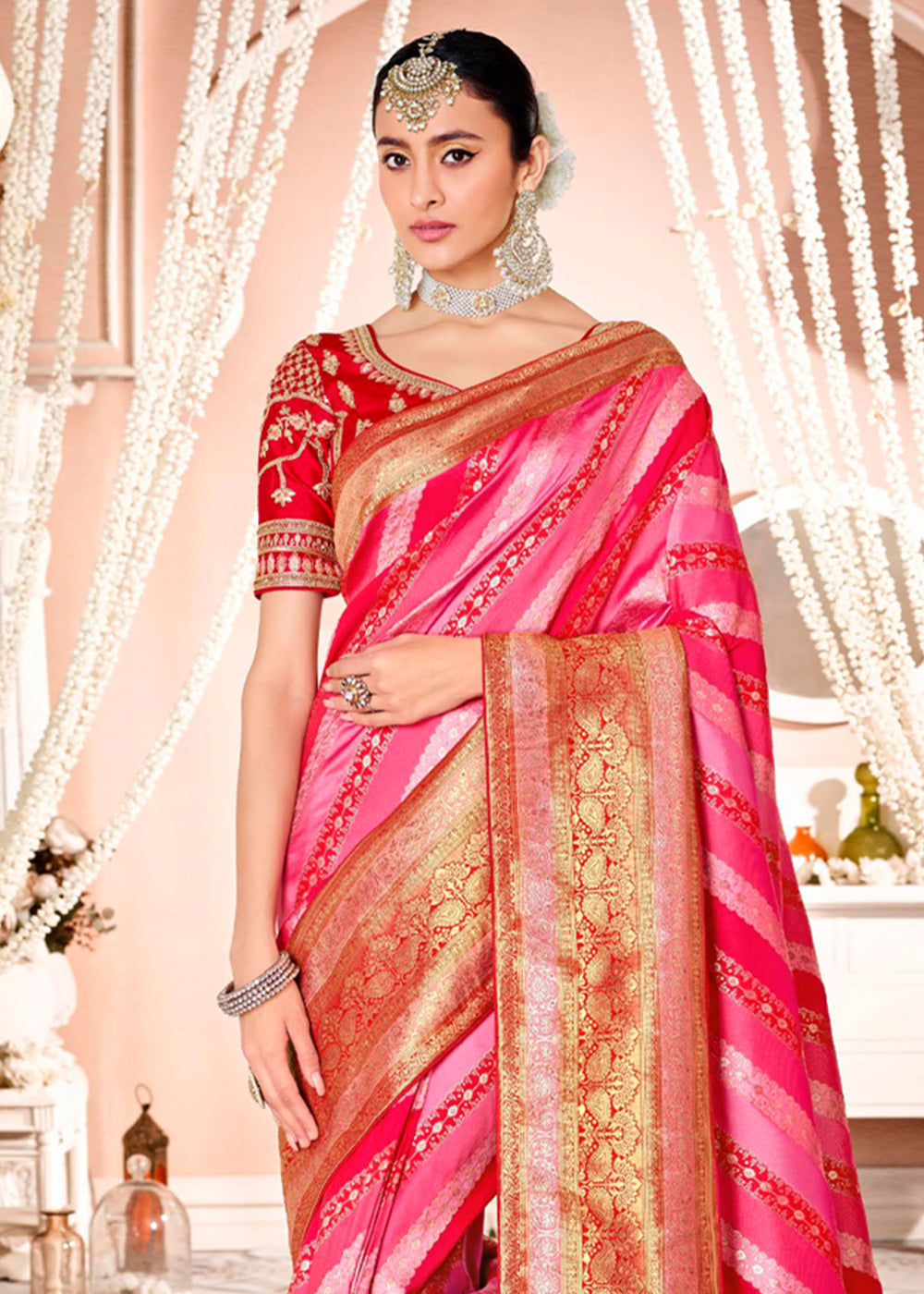 MySilkLove Carnation Pink and Red Zari Woven Banarasi Saree with Designer Blouse