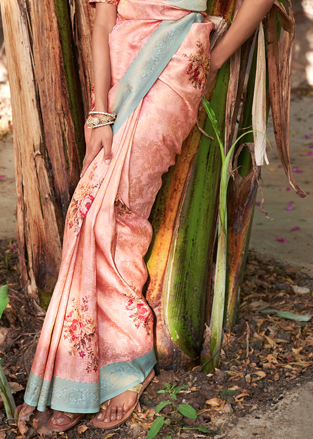 Buy MySilkLove Melon Pink Banarasi Jacquard Printed Saree Online